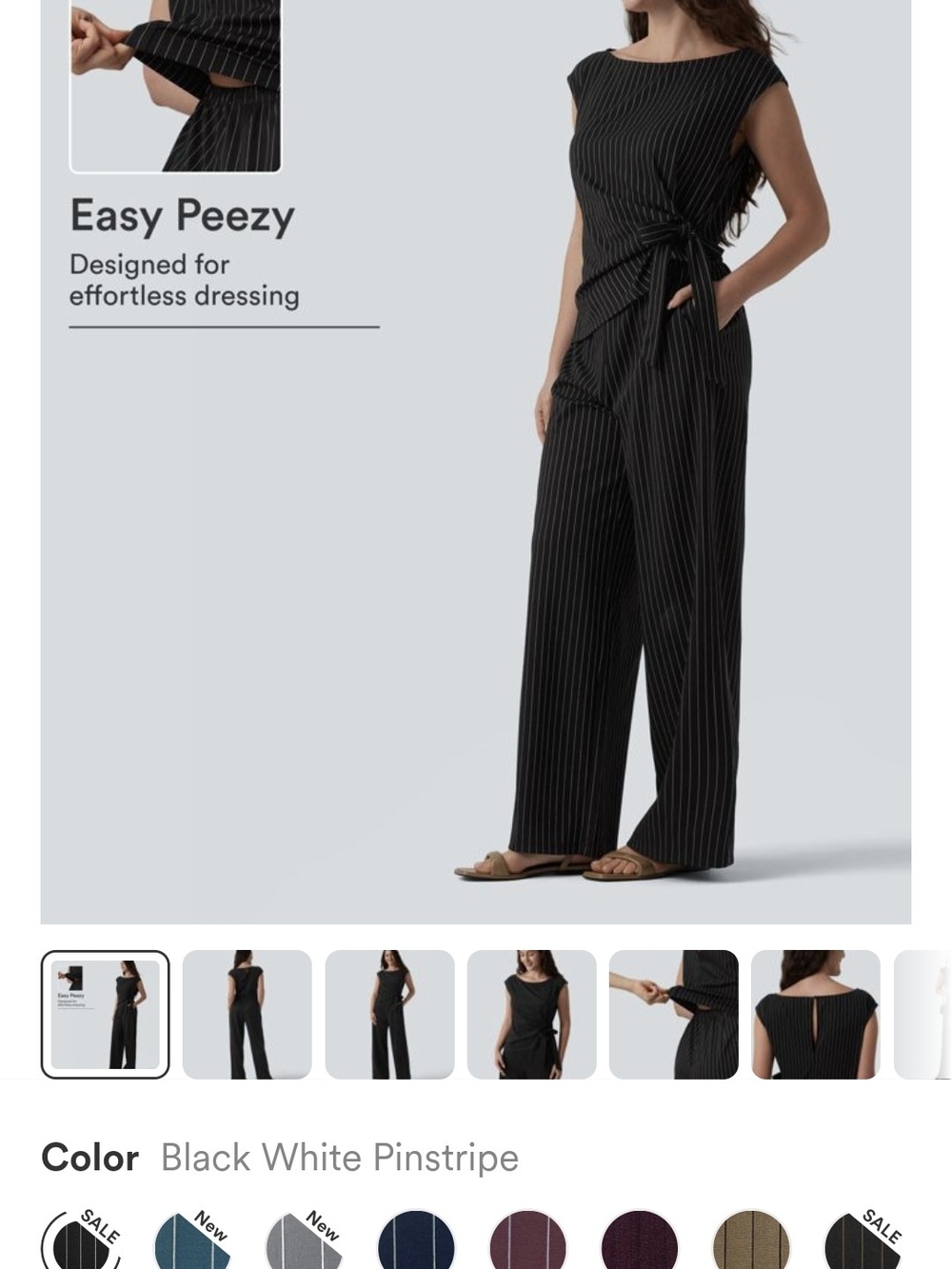 HALARA Black & White Pinstripe Side-Tie Wide-Leg Jumpsuit